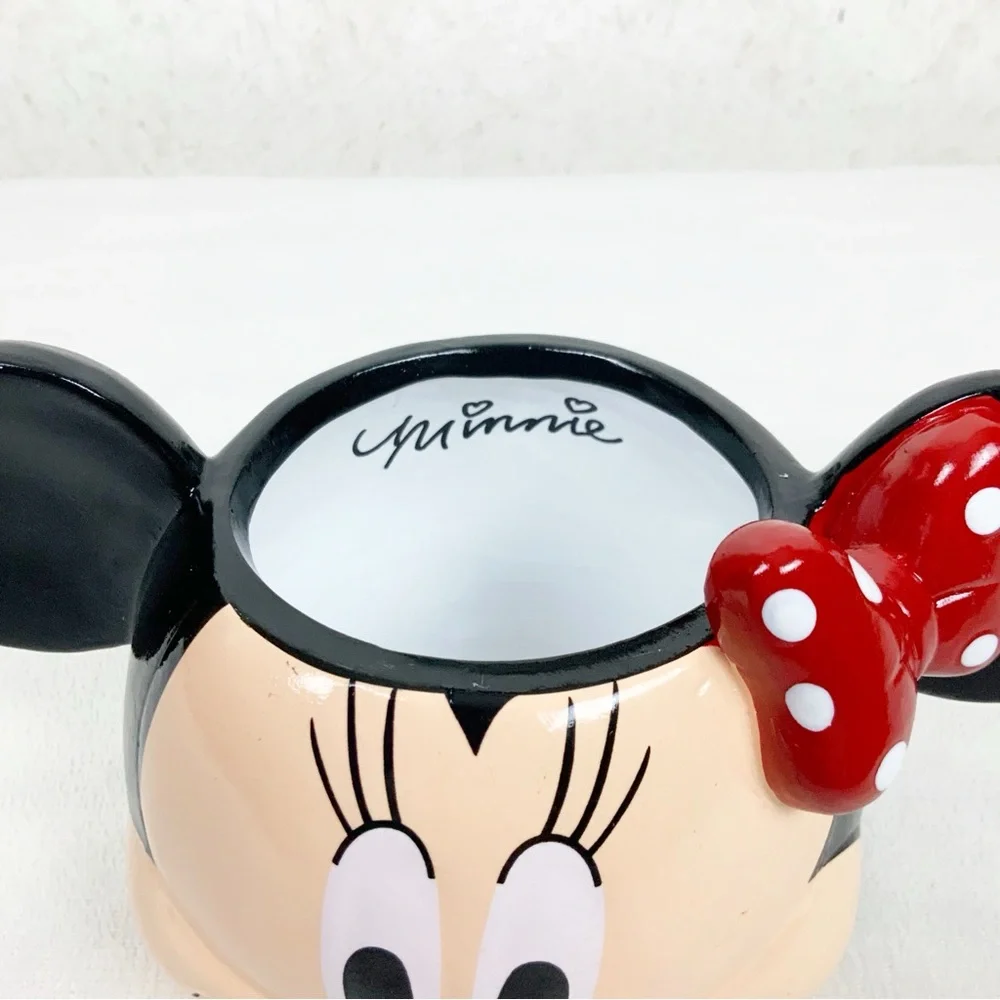 Minnie Mouse Head Planter Flower Pot Ceramic Candy Dish Red Polka Dot Bow